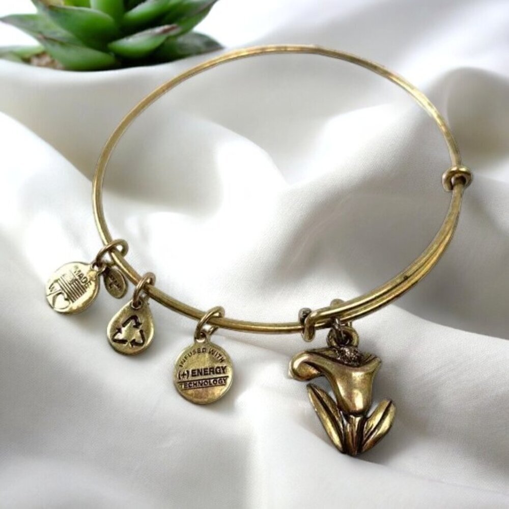 Alex and Ani Tulip Charm Bracelet - Gold Finish Expands 2"- 3.5"